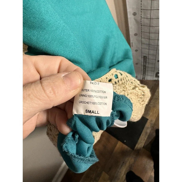 Judith March Small  Teal  Bell Sleeve Tunic Crochet Boho Style Midi Dress - Picture 8 of 10